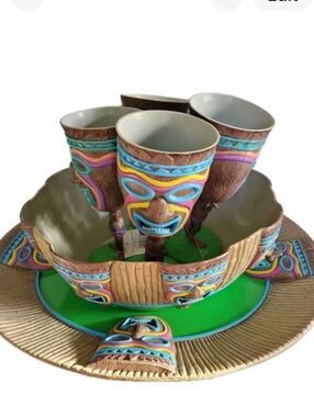 TIKI Lg Platter, Bowl, 4 Goblets Set Polynesian Hawaiian Tropical Island Serving